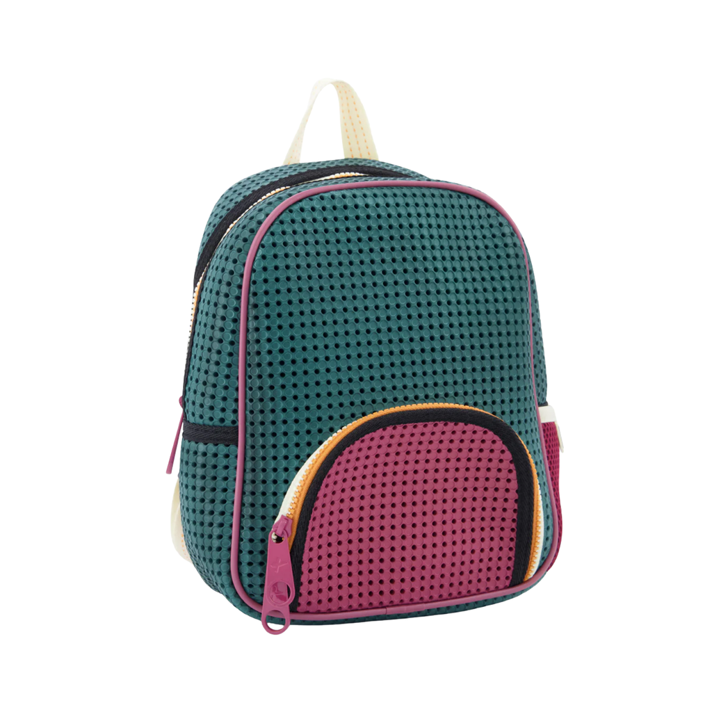 Green and pink backpack with a white background