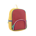 Multicolored backpack with yellow sides and red front on a white background